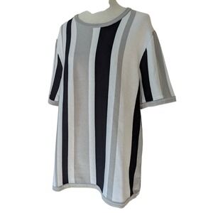 Magaschoni Knit Top Womens L Grey Black White Vertical Stripe Short Sleeve New
